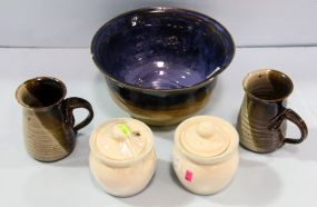 Pottery Bowl, Two Mugs & Two Sugar Bowls