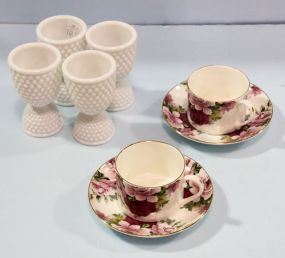 Four Milk Glass Cups & Two Staffordshire Cups/Saucers