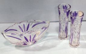 Small Glass Centerpiece & Two Matching Vases 