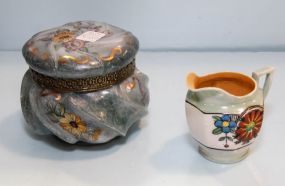 Lusterware Pitcher & Painted Glass Powder Jar