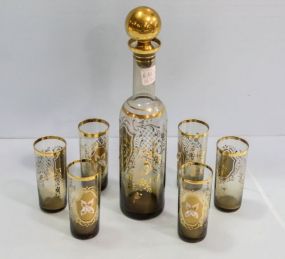 Smoke Color Decanter with Gold Decoration & Six Glasses