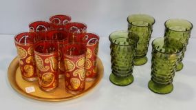 Set of Eight Red Paisley Glasses, Tray & Four Green Glasses