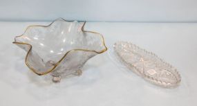 Large Etched Footed Fruit Bowl & Cut Glass Relish