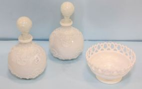 Two Milk Glass Barber Bottles & Reticulated Bowl
