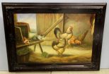 Large Oil Painting of Roosters and Rabbits 