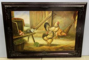 Large Oil Painting of Roosters and Rabbits 