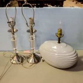 Pair of Crystal and Metal Lamps & Porcelain Grey Lamp