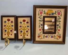 Crewel Work Mirror & Pair of Sconces 