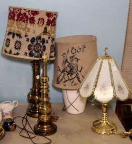 Three Brass Lamps & Porcelain Lamp