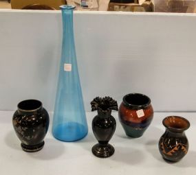 Blue Art Glass Vase, Three Pottery Vases & Ruffled Top Vase
