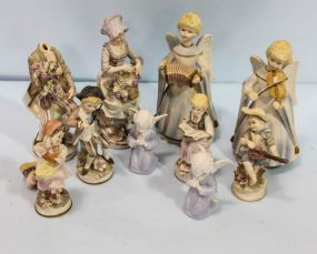 Eight Bisque Figurines & Two Porcelain Angels