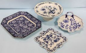 Blue and White Cake Stand, Leaf Tray & Two Platters