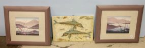 Dolphin Plaster Picture & Pair of Flower Prints in Mauve Frames