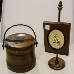 Wood Bucket with Squirrel & Small Needlepoint Picture on Stand