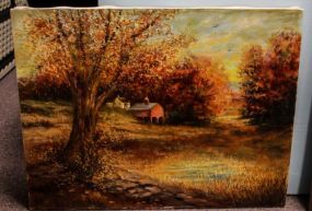 Oil Painting of Fall Scene & Red Barn