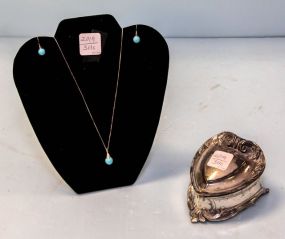 Sterling and Turquoise Necklace, Earrings & Silverplate Heart Shaped Box