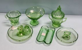 Six Pieces of Green Depression Glass