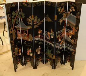 Six Panel Black Lacquer Oriental Screen