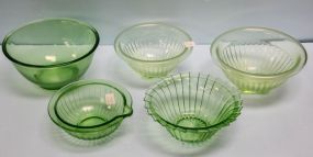Five Various Size Green Depression Glass Bowls