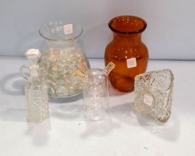 Orange Glass Vase, Cruet, Glass Jar with Beads & Spooner