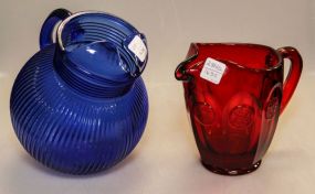 Blue Glass Lemonade Pitcher & Red Water Pitcher