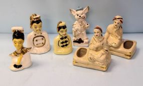 Pair of Pottery Flower Holders, Three Oriental Figurines & Rabbit