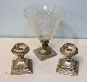 Crackle Glass Compote & Two Silverplate Candle Holders
