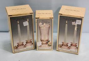Pink Depression Candle Lamp & Four Candlesticks