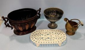 Iron Trivet, Two Metal Pots & Small Copper Pair