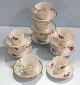 Five Rose Cups/Saucers & Four White and Gold Cups/Saucers