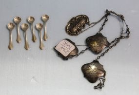 Four Whiskey Bottle Tags & Six Sterling Salt Dip Spoons