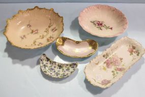 Two Hand Painted Bowls, Relish Tray & Two Bone Dishes