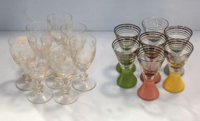 Seven Colored Glasses & Eight Etched Stems