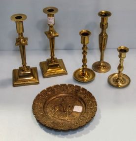 Five Brass Candlesticks & Brass Plate