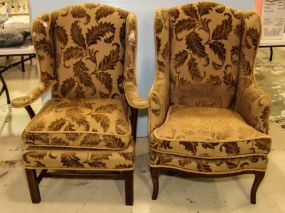 Pair of Mahogany Flowered Upholstery Wing Back Chairs