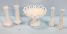 Milk Glass Compote & Four Vases