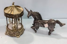 Marble Unicorn & Silverplate Musical Carousel 