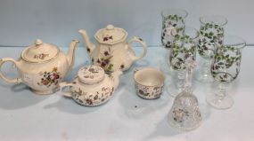 Three Teapots, Cup, Four Glasses & Glass Bell