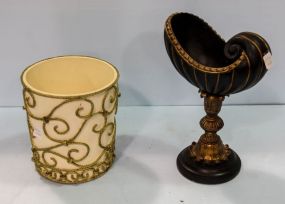 Decorative Garbage Can & Black and Gold Vase