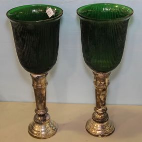 Pair of Silverplate and Green Glass Hurricane Candlesticks 