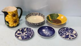 Sunflower Bowl, Spongeware Bowl & Three Blue and White Plates