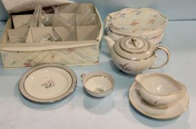 Six Noritake Salad Plates, Gravy, Teapot & Six Cups