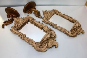 Pair of Resin Framed Wall Mirrors & Pair of Small Gold Wall Shelves