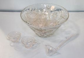 Pressed Glass Punch Bowl, Cups & Plastic Ladle 