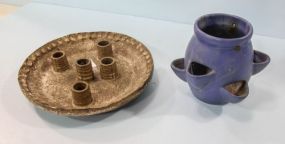 Signed McCarty Candle Holder & Blue Pottery Pot