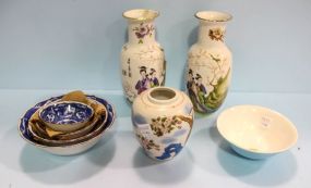 Pair of Painted Oriental Style Vases & Various Blue and White Bowls