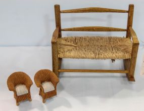 Small Doll Rocking Settee & Two Wicker Doll Chairs
