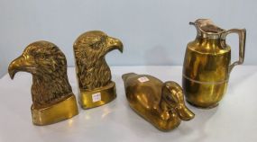 Large Pair of Eagle Head Bookends, Brass Duck & Ewer