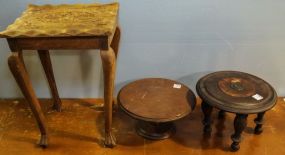 Small Round Stool, Wood Pedestal & Carved Table