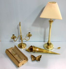 Brass Table Lamp, Brass Candlestick, Chimes & Two Wall Pockets